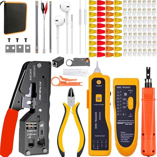 MAYLINEE RJ45/RJ12/RJ11 Kabel tester Netzwerk Crimp werkzeug Set, CAT5 CAT6 Crimpzange, Lan Kabel Tester, Ethernet Crimper Set Crimp werkzeug, End durchgang mit 50 Steckern(Gelb)