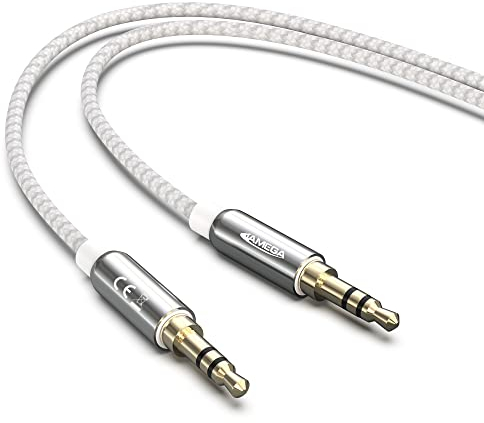 JAMEGA - 1m Aux Kabel 3.5mm Audio Kabel - Klinke Stereo 3.5mm Nylon Klinkenkabel für Kopfhörer, Lautsprecher, MP3 Player, Auto, TV, Soundbar, Heim/KFZ Stereoanlagen, Handy uvm. – Silber