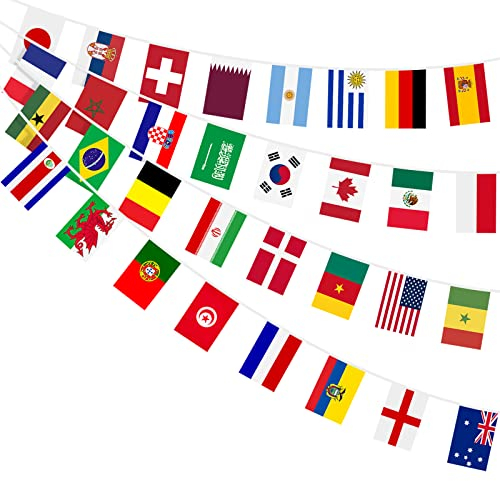 AhfuLife 32 Länder Fahnen Wimpelkette für Olympische Spiele Deko 2024, 32 Länder Beidseitig Stoff Euro Olympische Flaggenkette, Olympia Deko Wimpel Girlande Banner für Euro Eurovision Party Bar Deko