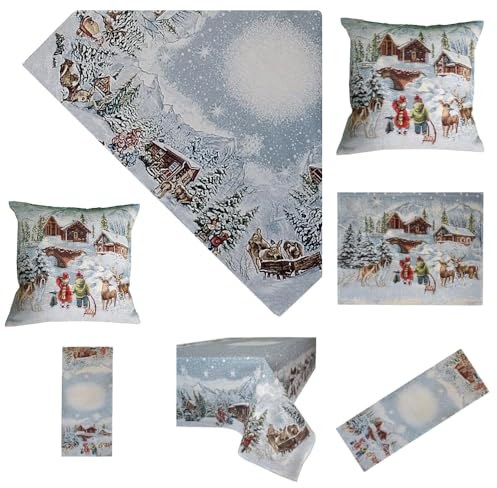 Tischdecke Mitteldecke Tischläufer Tischset Kissenhülle Tafeltuch Weihnachtsdorf blau grau Gobelin Baumwollmischung (95 x 95 cm)