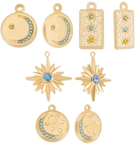 Beebeecraft 1 Box mit 10 Stück 5 Stil Stern Mond Charms 18 Karat vergoldeter Edelstahl flach rund rechteckig Strass Anhänger Charm für Ohrringe, Halsketten, Armbänder, Schmuckherstellung
