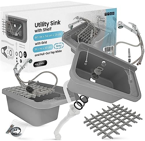 Lavandino da Camera Lavabo Commerciale Industriale Profondo Esterno Giardino Garage Lavanderia 60 x 34 x 21 cm Grigio con Ripiano e Griglia 36 x 30 cm Miscelatore Doccetta Estraibile Polipropyleno