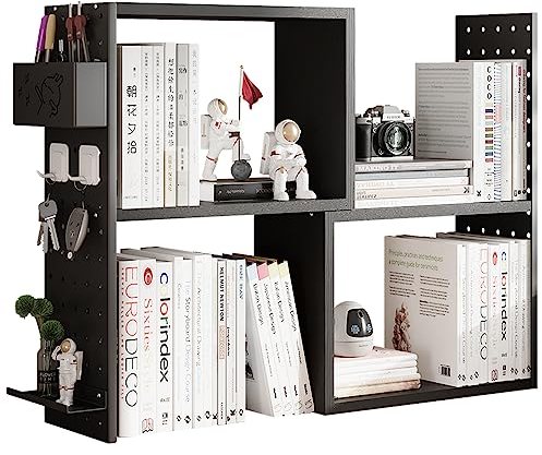 NUODWELL Wooden Adjustable Bookshelf Desktop Bookcase with Pegboard, Expandable Desk Display Shelf Rack Storage Office Supplies Books Cosmetic Makeup for Office & Home(TS10 Black)