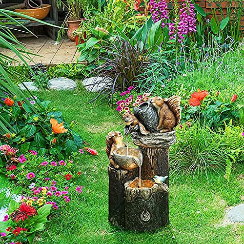 Fiorky Statue de Jardin - Sculptures d'Ornements de Fontaine d'eau d'Écureuil à Énergie Solaire avec Lumière, Sculptures d'animaux de Jardin d'extérieur Ornements de Statue Vintage pour Déco