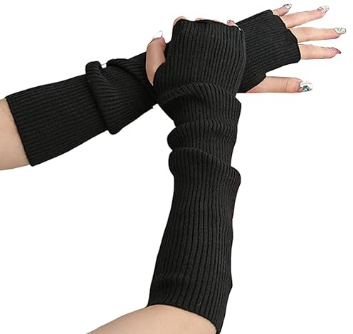 Suxgumoe Soft Women Arm Warmer, Winter Long Fingerless Gloves with Thumb Hole, Knit Wrist Warmer Cold Weather Mitten for Ladies Girls (Black)