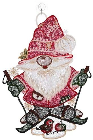 Espamira Plauener Stickerei Fensterbild Weihnachten Spitze Wichtel 23 cm Weihnachtsdekoration Fensterdekoration Winter mit Saugnapf
