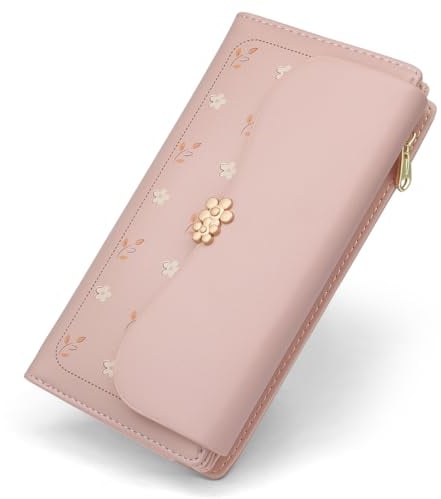 REETEE Geldbörse Damen Groß im Langformat Geldbeutel Damen PU Leder Portemonnaie Viele Fächer, Portmonee mit 10 Kartenfächer und Zipper Münzfach Brieftasche (L-Rosa)