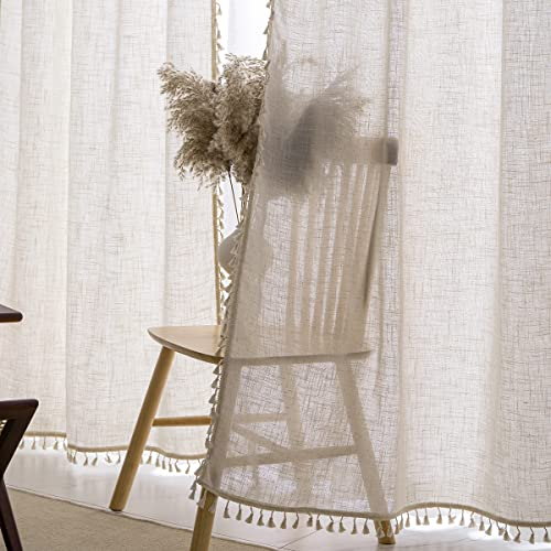 VOILYBIRD 2 Stück Natürliches Leinen Mischgewebe Bauernhaus Landhausstil Vorhänge für Schlafzimmer Wohnzimmer (H175 x B140 cm, Natur)