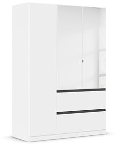 Rauch Möbel Costa, Drehtürenschrank, Kleiderschrank, 3-türig, 2 Spiegeltüren, 2 Schubkästen, Alpinweiß, Push-to-Open, Griffprofil grau-metallic, 136x197x54 cm