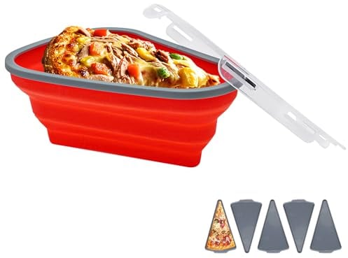 Iceten Pizza Storage Container, Collapsible Pizza Slice Container Storage with Lid Reusable Pizza Container with 5 Microwavable Serving Trays for Hiking, Climbing, Camping, Picnic (Red)