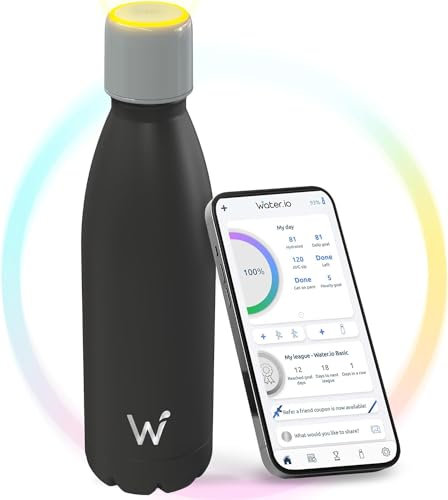 WATER.IO Smart Water Bottle - Stay Motivated to Drink More, Track Water Intake with Color Changing LED Reminder & Bluetooth Free App. Insulated Stainless Steel, BPA-Free 25oz.