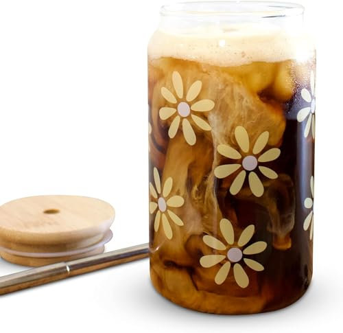 WILDLY ROOTED Yellow Daisies - Taza de vidrio para café helado con tapa de bambú y pajita, vaso de cerveza de 16 onzas con tapas y pajita, vaso de vidrio con forma de lata de refresco, vaso de vidrio