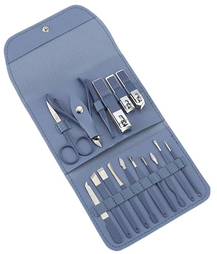 Kit de manicura profesional, kit de preparación para clavos de 16 piezas, kit de corte de uñas de acero inoxidable para hombres para hombres, mortero con estuche de cuero suministros de belleza azul