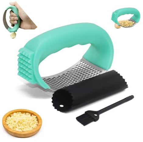 Stainless Steel Garlic Presser With Garlic Peeler Tube and Cleaning Brush, 2024 Upgrades Best Garlic Press, Garlic Mincer Tool, kitchen Gadgets (Green)