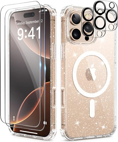 BERFY Magnetic Case for iPhone 16 Pro Max, [Compatible with Magsafe], with 2X Screen Protector + 2X Camera Lens Protector, Clear Sparkle Cute Shockproof Hard Phone Case for Women 6.9, Shiny Clear