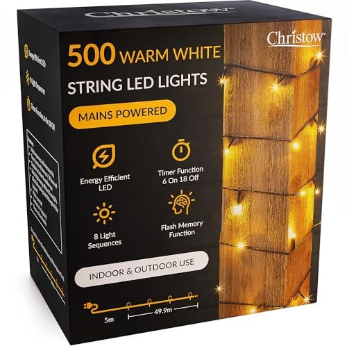 CHRISTOW Christmas Fairy Lights, Warm White LED String Lighting with Timer, Indoor & Outdoor, Tree Lights, Mains Operated, 8 Light Modes Flashing & Static, Green Cable (500 LED / 50m Lit Length)