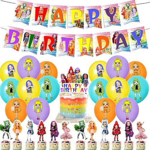 30PCS Rainbow Balloons Party Decorations - Rainbow High Theme Includes Doll Birthday Banner, Cake Toppers, Cupcake Toppers for Kids Boys