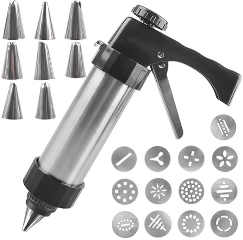 Presse à pâtisserie pour pâtisseries, machine à biscuits extrudée avec 13 pochoirs et 8 douilles, presse à pâtisserie en acier inoxydable, seringue à garnir pour pâtisserie, pâtisserie et décoration