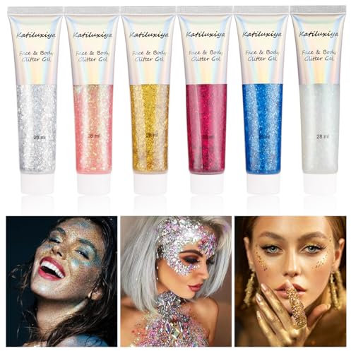 6 Color Face Girl Body Glitter Gel, Face & Body & Eye & Lip Festival Holographic Glitter for Party (6PCS)