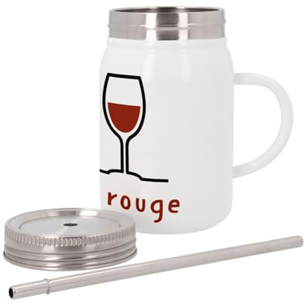 Mug Isotherme en Inox avec Couvercle et Paille - Vin Bleu Blanc Rouge Alcool Fête - 500 ml - Tasse Thermo