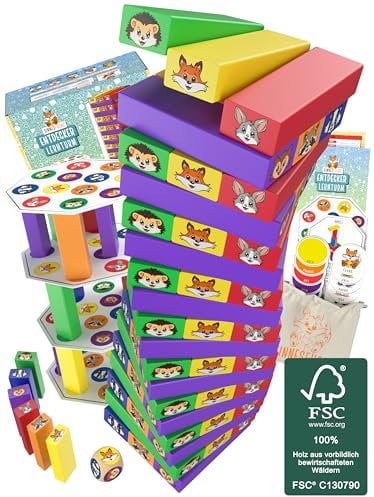 SINNESFUCHS® Wackelturm Holz - FSC® 100% - Holzspielzeug ab 3 Jahre - Stapelturm Holz Spielzeug - Lernspielzeug ab 3 Jahre - Geschicklichkeitsspiele ab 4 Jahre - Kinder Jungen & Mädchen Turm Spiel