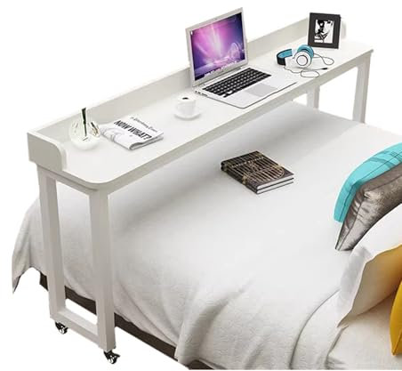Mobiler Computer-Steharbeitsplatz auf Rollen, Rollwagen mit stabilen Beinen, praktischer Laptoptisch zum Lesen über dem Bett, ideale Größe: 110 x 40 x 80 cm, weiße Tafel + weißes Regal