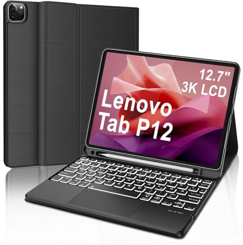 WINCHKING Teclado para Lenovo Tab P12 2023 12.7 Pulgada - Funda con Teclado Español Ñ Bluetooth, Retroiluminación de 7 Colores Inalámbrico Extraíble para Tablet Lenovo Tab P12, Negro