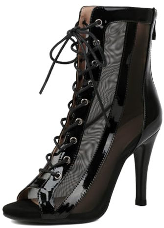 Ceciloroda Women Heeled Burju Dance Shoes Peep Toe Mesh Booties Stiletto Heels Gladiator Sandals Comfy Dressy Sandals Ballrrom Lace Up Black Size 37