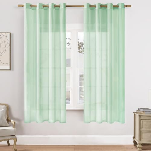 Softalker Rideau Vert Voilage 140x160 cm Transparent 2 Pièce Rideaux Voilages Oeillet en Effet Lin Décorations d'intérieur de Fenêtre Moderne Salon Chambre Cuisine Enfant Dressing Extérieur Terrasse