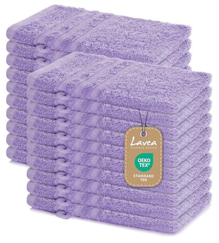 Lavea Elena Lot de 20 Gants de Toilette 15 x 21 cm – Gants de Toilette absorbants et Doux en 100% Coton, série éponge Elena – Lavande