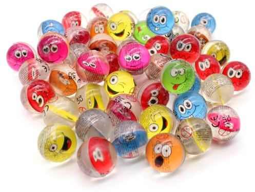 Senvianda 50 Stück Flummis 32mm, Verschiedene Smiley Gesichter, Flummies für Kinder, Gummiball Flummi, Bunte Flummis Gummibälle, Flummibälle für Kindergeburtstag, Party
