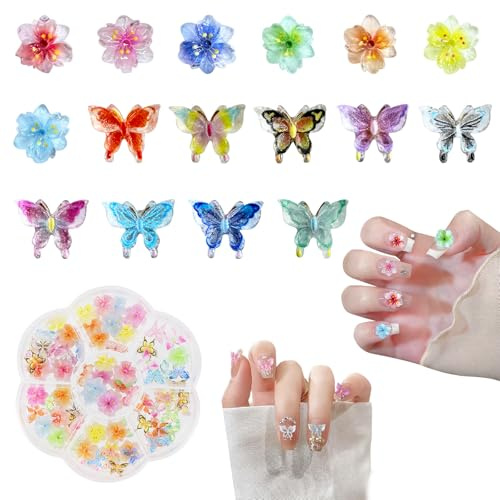 YICH Nail Charms Nägel Charms 50pcs 3D Flowers + 50pcs 3D Schmetterling, Summer Nägel Deko Set Schmetterling/Flowers Nail Art Nailart