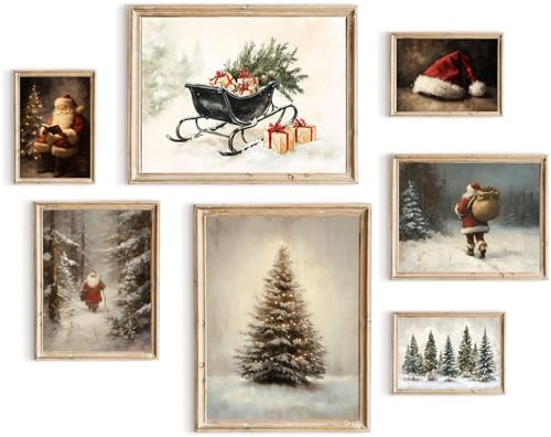 TWNSLLA Vintage-Wandkunst-Set, 7er-Set, Vintage-Weihnachtsdekoration, stimmungsvolle Schneelandschaftsmalerei, Winter-Wandkunst, Rentier, Kiefer, Weihnachtsmann, Kunstdrucke, Retro-Weihnachtsbilder