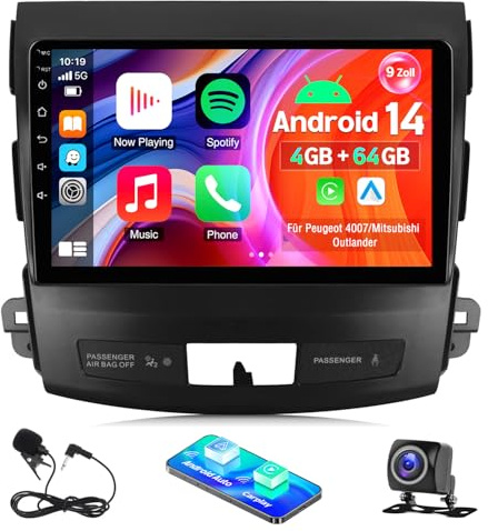 4+64G Autoradio Android 14 für Peugeot 4007 2007-2013/Mitsubishi Outlander 2005-2011 mit 9 Zoll Touchscreen 2 Din Carplay Android Auto Bluetooth EQ WiFi Navi FM/RDS DSP HiFi SWC Rückfahrkamera+ Mic