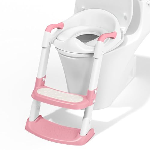 COOSEYA Potty Training Toddler Toilet Seat,Kids Toilet Seat and Step,Pink | Adjustable Height,Soft Cushion,Anti-Slip Pedal,Splash-Proof Design