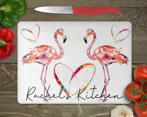 Personalised Glass Chopping Board with Watercolour Flamingo Design, Kitchen Worktop Saver with Non-Slip Feet, 28cm x 20cm, Pink