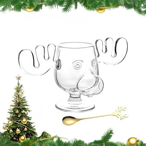 Christmas Moose Cup, Thick Glass Eggnog Mug with Spoon, 3D Antlers, Festive Hot/Cold Drinkware (AB-2PC)