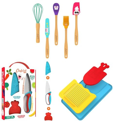 Chefclub Kids - Planche 3-en-1 + Couteau Sécurisé + Mini-Ustensiles + Coffret Emporte-Pièces Licornes 3D - Ustensiles Ergonomiques+Recette Vidéo - Apprentissage Cuisine Ludique - Cadeau Enfant 4 Ans+