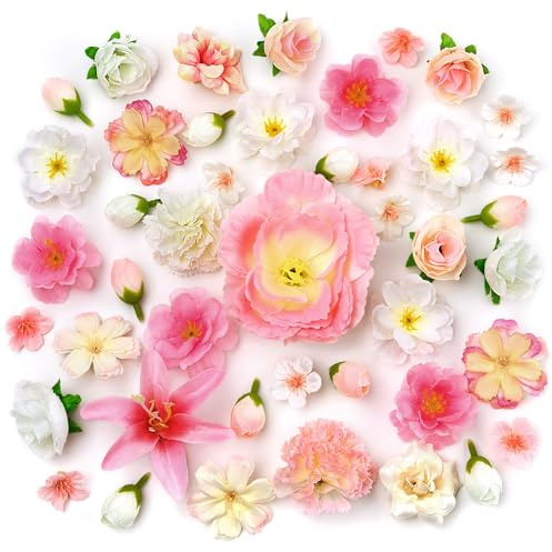 MELLIEX 44 Stück Kunstblumen zum Basteln, 16 Typen Klein Künstliche Blumen Deko, Blumenköpfe 1,7~9cm, Mini Kunst Blumen zum Aufnähen für DIY Basteln Hochzeit (Rosa-Weiß)