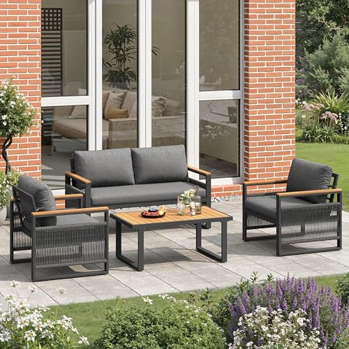 Httcg Polyester Rope Garden Furniture Sets Garden lounge Set for 4 People, Outdoor Furniture Outdoor Sofa Set with Garden Sofa and Armchairs, Patio Furniture Set with Coffee Table and Handrail, Grey
