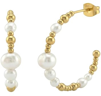 NOELANI - Damen Ohrringe Edelstahl - Vergoldet/Golden - mit Stahlkugeln und Perlen - Kugel Creole - NOE-E0015