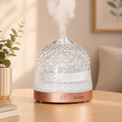 Zenvia Aroma Diffuser aus Glas, 200ml Ultraschall Diffuser für Ätherische Öle, Handgefertigte Glashaube, 7-Farben LED Licht, Leiser Duftdiffuser mit Abschaltautomatik für Schlafzimmer und Wohnzimmer