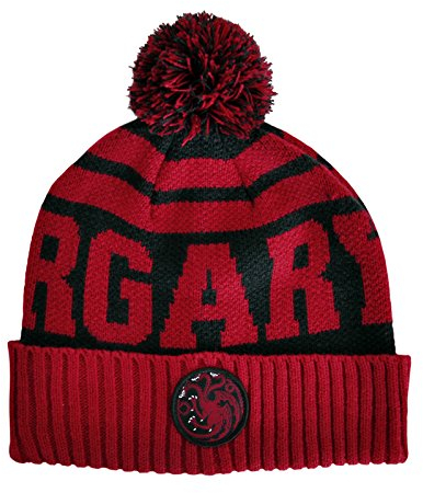 Elbenwald Game of Thrones Strick Mütze Haus Targaryen mit Drachen Wappenpatch und Bommel schwarz rot