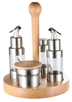 AILZNN 4-Piece Ceramic Cruet Condiment Set, Stainless Steel Oil and Vinegar Dispenser Bottles, Salt and Pepper Shakers Condiment Wood Server Holder, 4 Piece