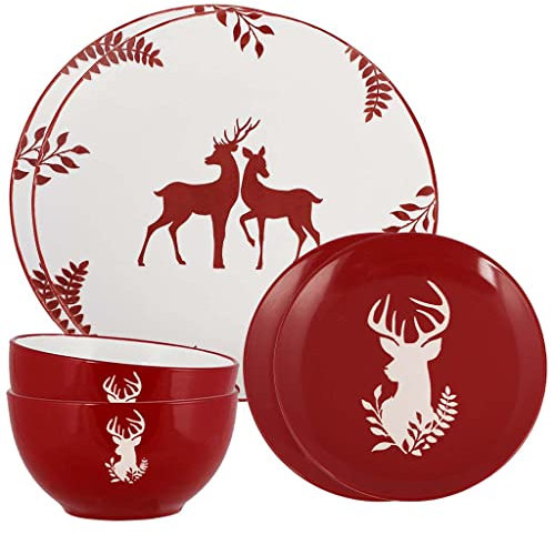 6 Piece Red Reindeer Stoneware Dinner Set - Dishwasher Microwave Safe