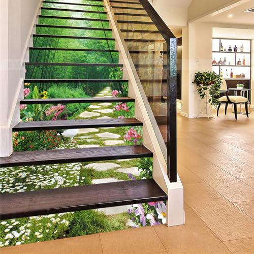 FLFK 13Pcs Stair Risers Stickers Peel and Sick 39.37x7.08,Self-Adhesive Staircase Stickers Decals, Spring Bamboo Forest Landscape Mural Wallpaper for Stair Steps