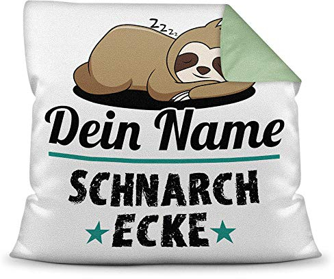 PR Print Royal Kissen inkl. Füllung Faultier PERSONALISIERT mit Wunschname für - Ihr Name Schnarchecke - Kuschelkissen/Lustige Geschenkidee/Freunde/Familie/Geburtstag - Farbkissen Rückseite Seegrün