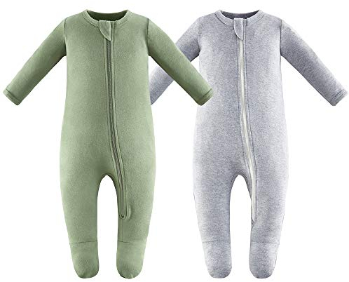 Owlivia Baby Schlafstrampler aus Bio Baumwolle, für Mädchen und Jungen, Langarm, mit Fußen (Grün & Grau, 3-6 Monate)