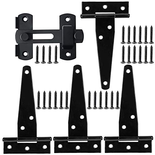 Nsiwem Bisagras en T 4 piezas Bisagras para puertas 4 Pulgadas Bisagras Puertas Madera con Pestillos de Puerta y Tornillos Negro para Mueble Puerta y Ventana