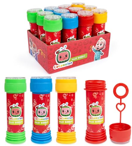 CoComelon Blasen für Kinder mit Labyrinth-Deckel - Das Multipack enthält 12 Flaschen Blasenlösung und Blasenstäbe - Blasen für Partytüten, Gartenspiele und Innenspiele